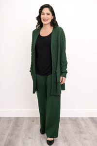 Women's casual dark green lounge pants worn with a coordinating long cardigan as a matching set, front-facing.