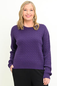 Women's long-sleeve knit top in a vibrant amethyst hue with a round neck, styled against a white backdrop.