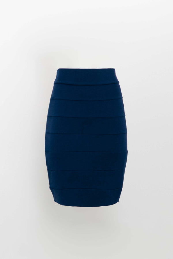 Navy stretch pencil skirt with horizontal panels displayed on a white background