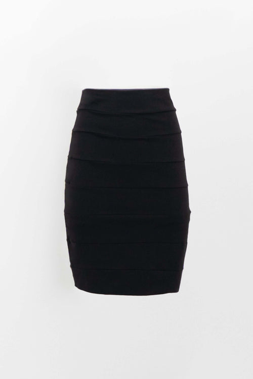 Front view of the Jonelle black pencil skirt with horizontal band details