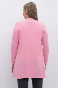 Back view of pink open cardigan worn by woman