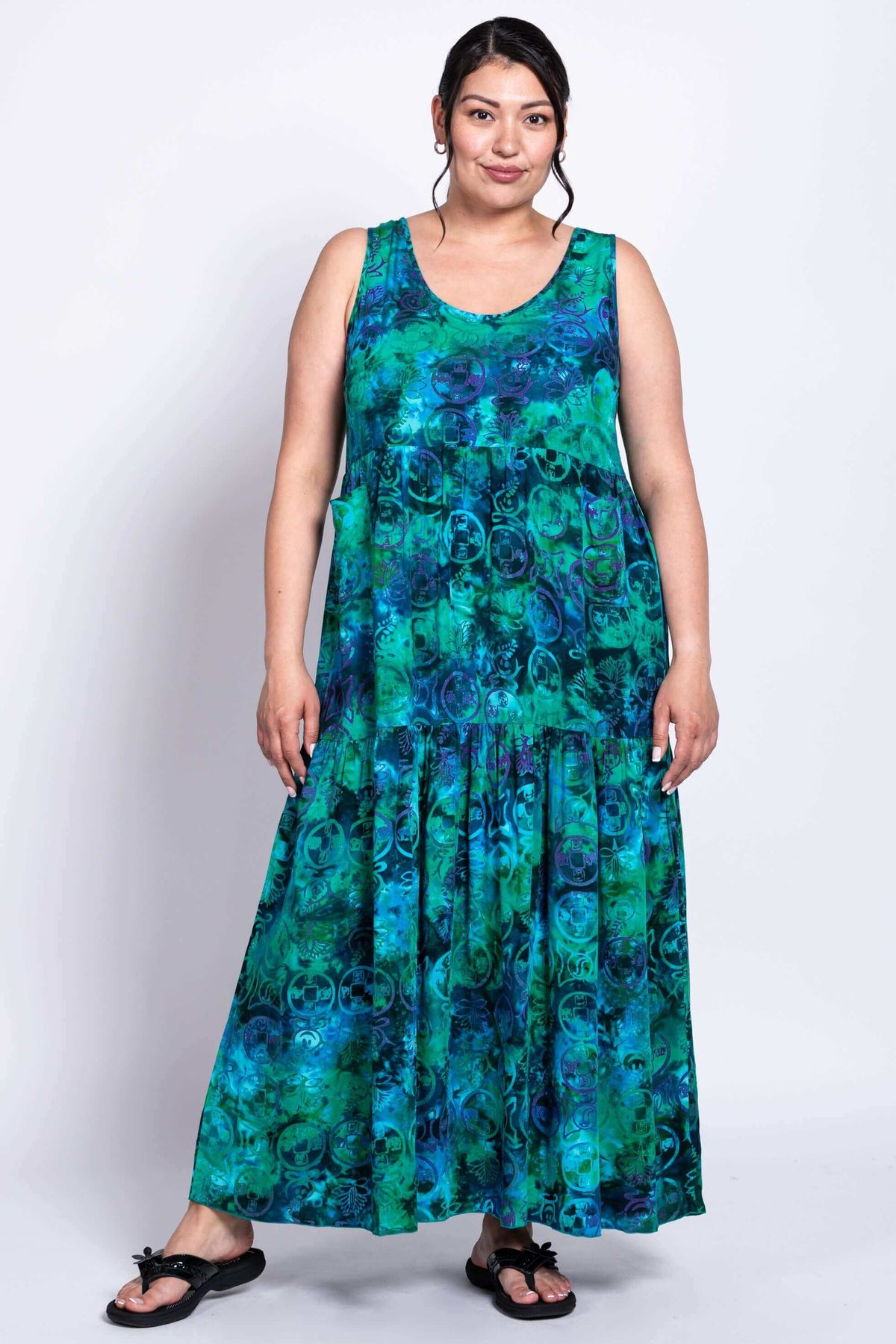Kayana dress shown front-on, highlighting airy tiers and flattering neckline