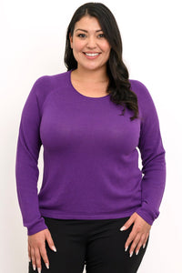 Women's long-sleeve sweater in a rich deep violet hue, styled front-facing against a plain white studio backdrop.