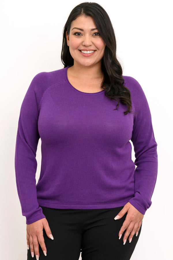 Women's long-sleeve sweater in a rich deep violet hue, styled front-facing against a plain white studio backdrop.
