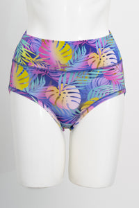 front view of multicolour leaf tropical leaf patterned high waist women's underwear on a white background