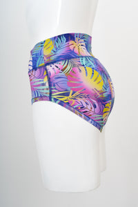 side view of multicolour leaf tropical leaf patterned high waist women's underwear on a white background