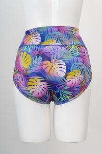 back view of multicolour leaf tropical leaf patterned high waist women's underwear on a white background