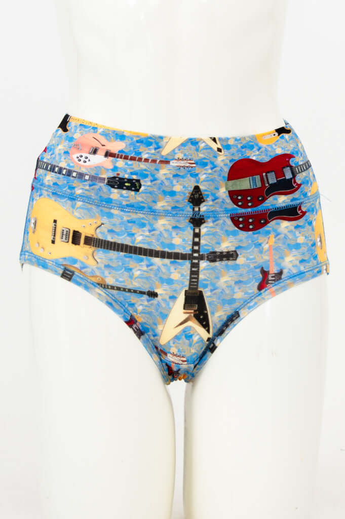 Front view of high-waist brief with colorful guitar print