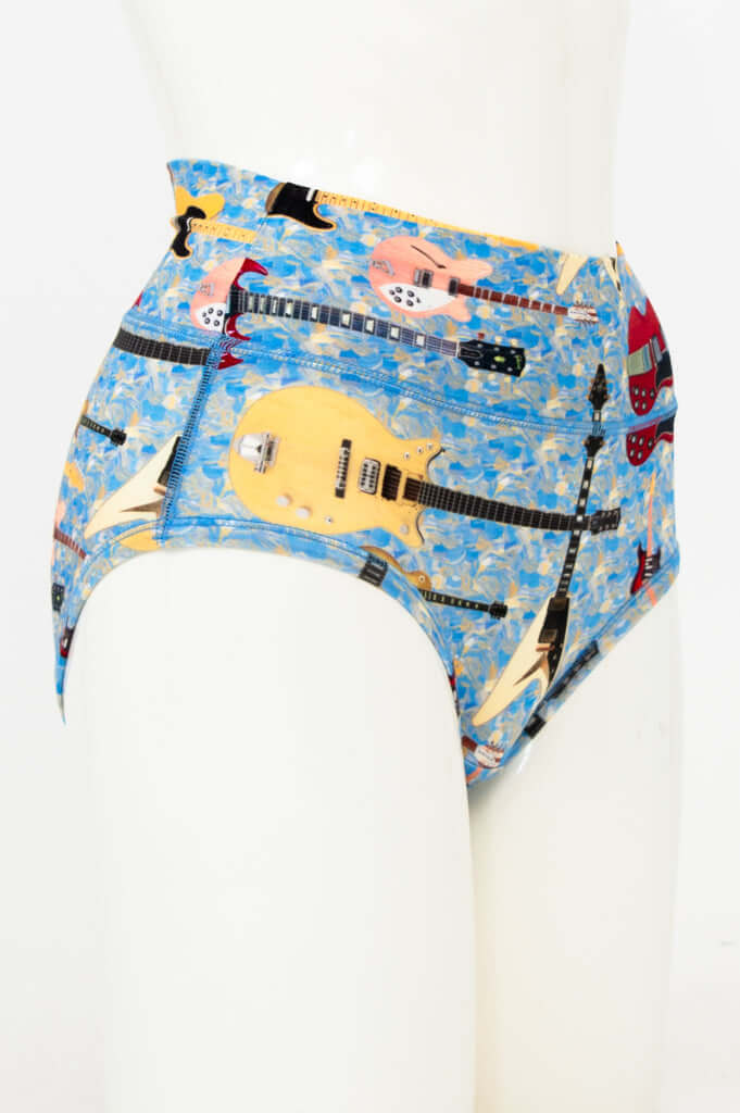 Side view of high-waist brief with electric guitar pattern