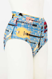 Side view of high-waist brief with electric guitar pattern