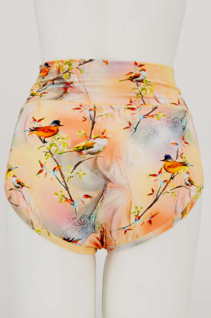 Back view of La Gaunche high-waisted bamboo brief featuring vibrant bird print