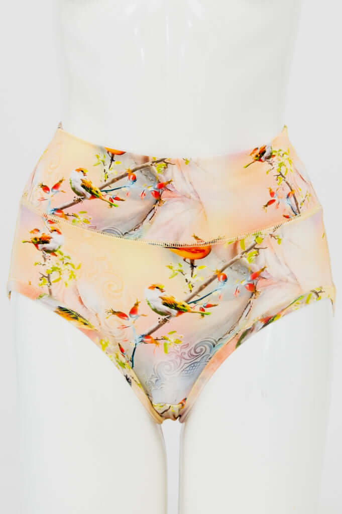 Front view of La Gaunche bamboo classic brief with birds on branches print