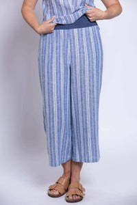 Close-up of Landon Capri Pants in blue stripe with wide waistband