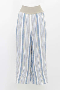 Front view of Landon wide-leg striped bamboo linen capri pants with knit waistband