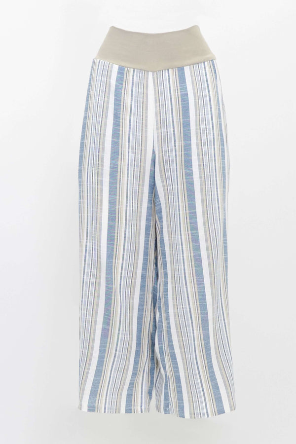 Front view of Landon wide-leg striped bamboo linen capri pants with knit waistband