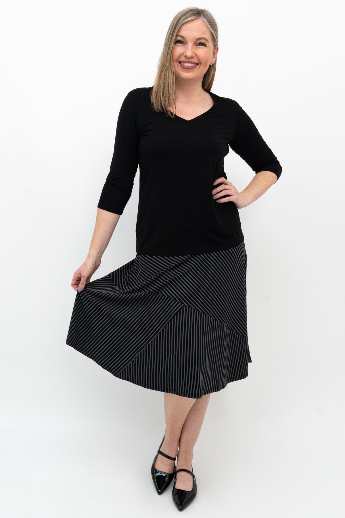 Lillian Skirt, Blk/Grey Stripe, Bamboo