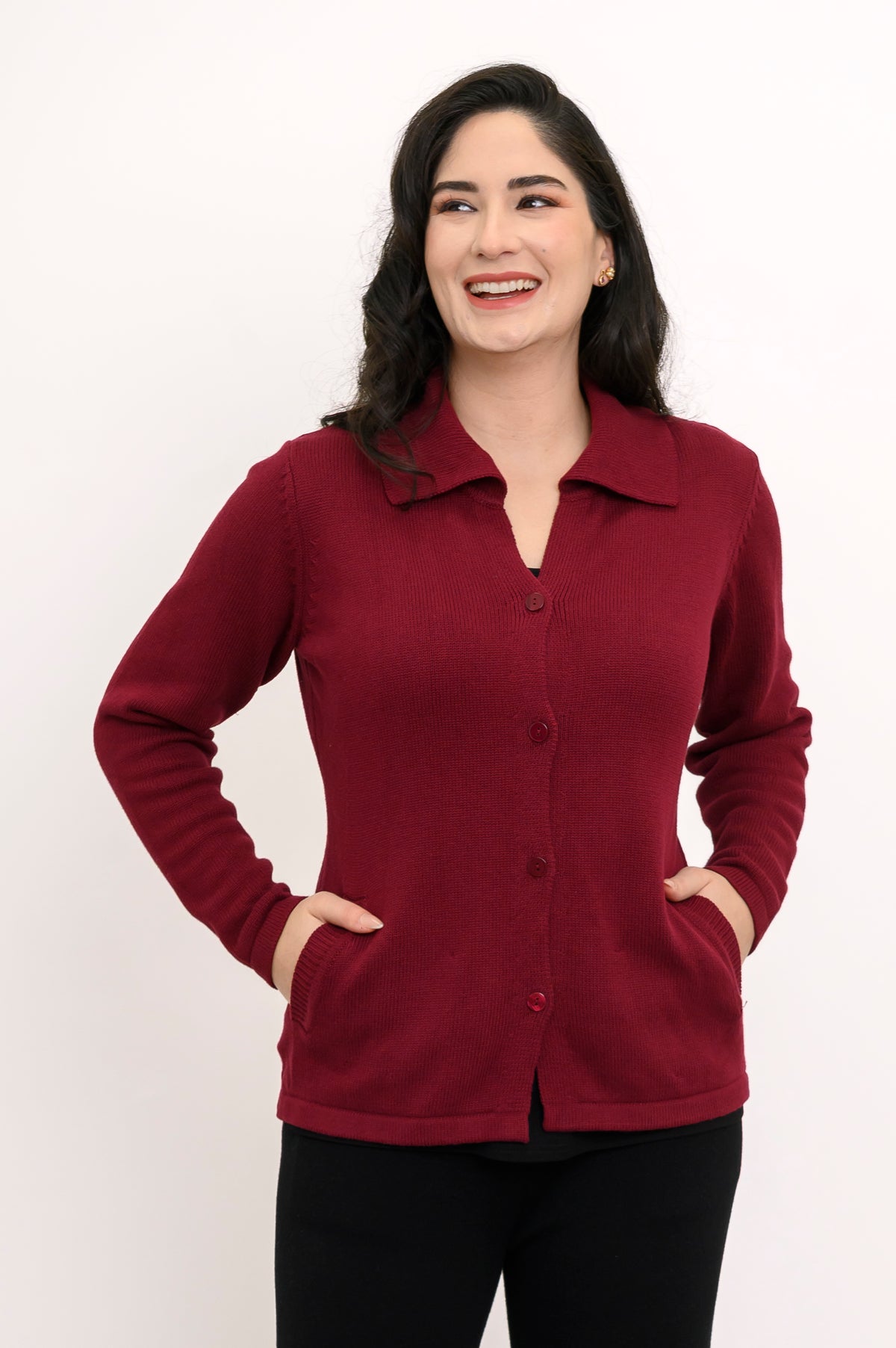 Smiling woman modeling a comfortable burgundy knit sweater with a collar, ideal for casual office wear or weekend layers.