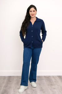 Breathable 100% cotton layered cardigan sweater in dark blue paired with casual denim.