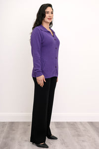 Side view of a women's tailored amethyst long-sleeve sweater, illustrating a flat-finished panel and regular fit.