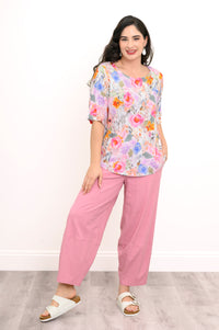 Liza Top, Pink Bouquet, Linen Bamboo