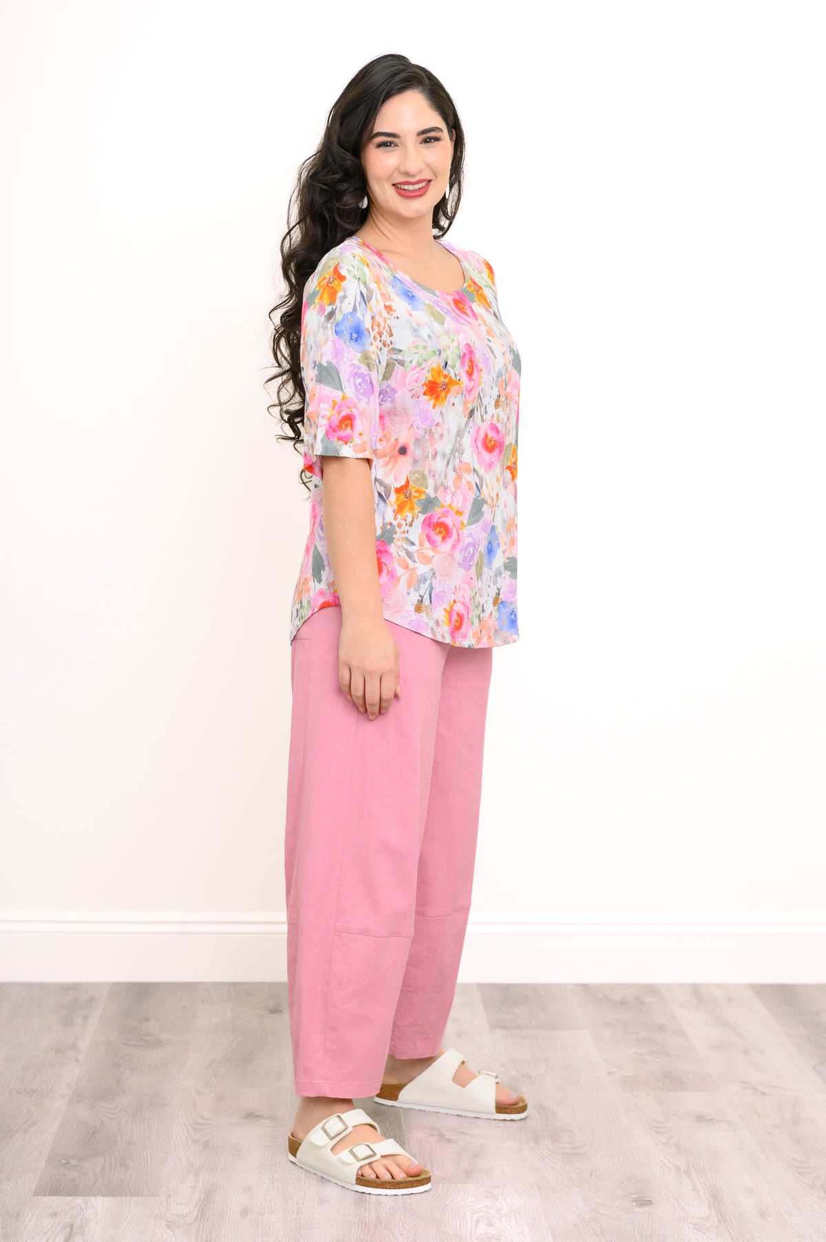 Liza Top, Pink Bouquet, Linen Bamboo