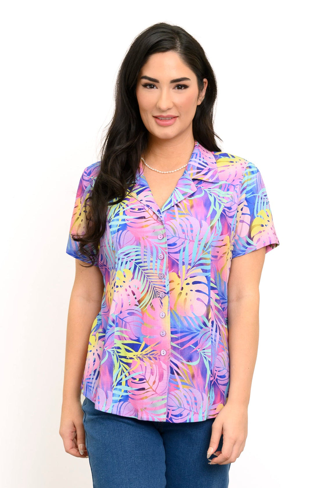 Lorine S/S Top, Rainbow Tropics, Linen Bamboo