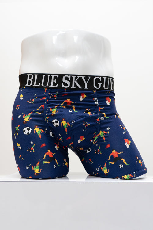 Navy boxer briefs with soccer-themed print and 'Blue Sky Guy' waistband on a white mannequin, front view