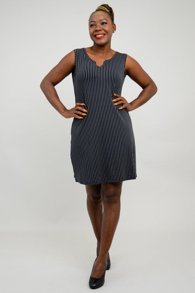 Maggie Sleeveless Dress, Blk/Grey Stripe, Bamboo