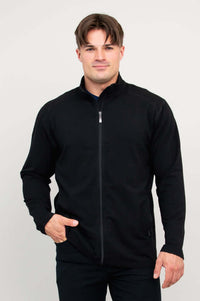 Man wearing black full-zip bamboo fleece jacket, facing forward