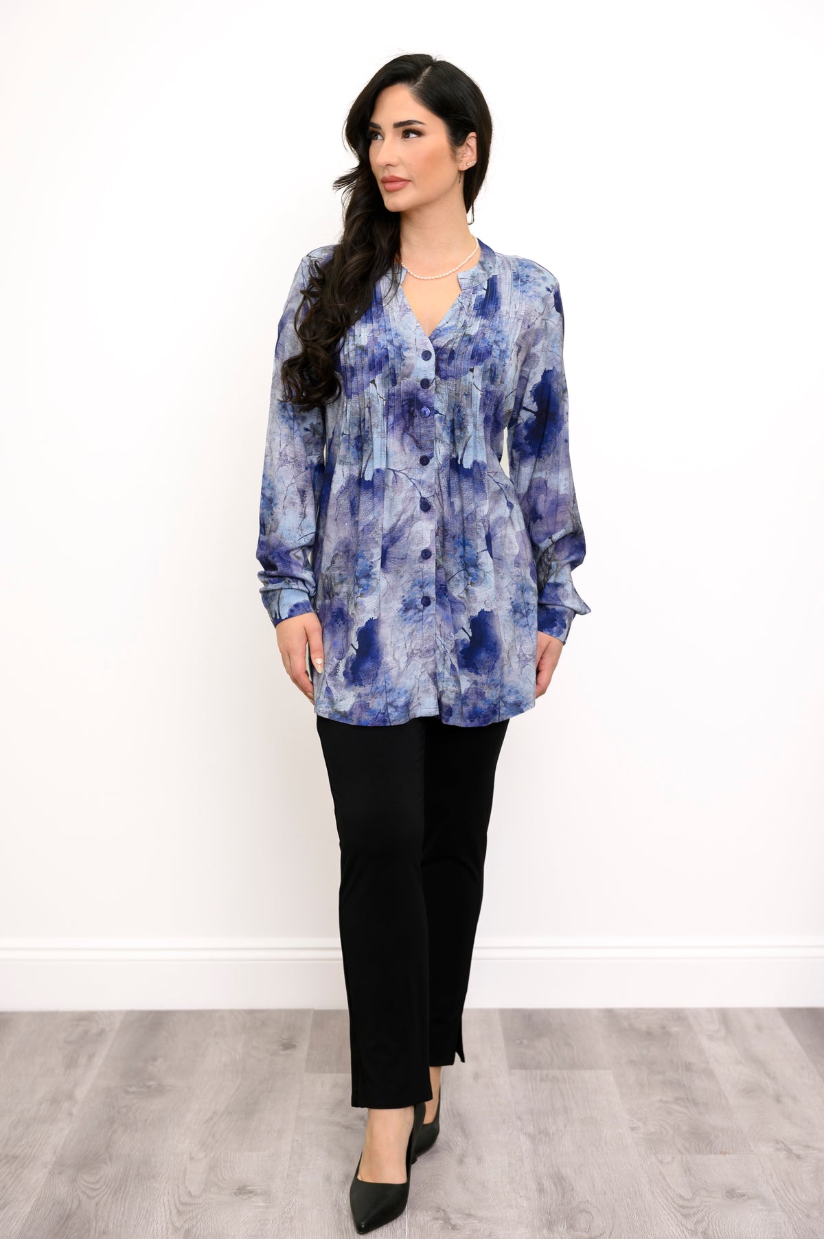 Margate L/S Blouse, Floral Mist, Linen Bamboo