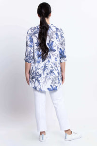 Back view of Margate blouse highlighting blue floral print and relaxed fit