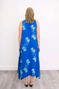 Back view of Maria Dress showing blue botanical print and flowy fit