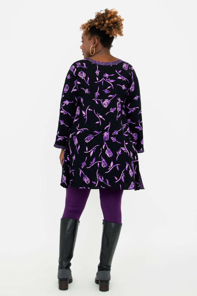 Back view of Maria Tunic displaying allover violet rose print and contrast neckline