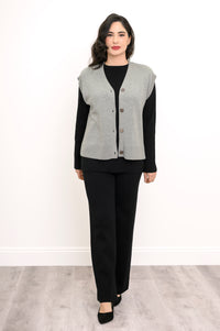 Front view of a women's gray cotton-blend knit layer with marled buttons, standing on a white background.