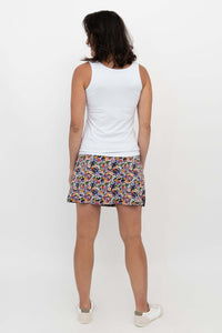 Back view of Melly Floral Skort worn with white tank top