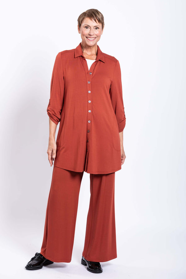 Full view of model in Michele Bamboo French Terry blouse and matching wide-leg pants