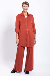 Standing model in full Michele Bamboo French Terry blouse and pants set with relaxed fit