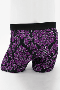 Rear view of Middle Man bamboo boxer briefs with a purple baroque pattern and solid black waistband