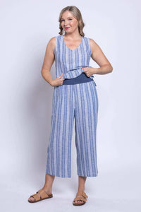 Model showing waistband of Landon Capri Pants in blue stripe, front view