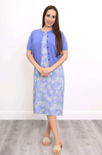 Model pairing Patricia Dress with matching blue shrug, front view