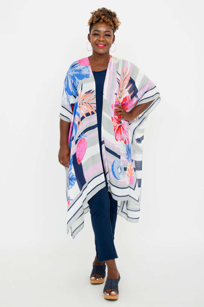 Model wearing the Darcy kimono wrap with hand on hip, showcasing kimono sleeves
