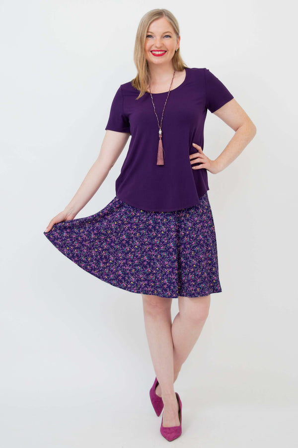 Model wearing Aly Skirt in Violet Meadow floral print