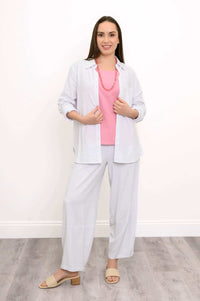 Model wearing Boardwalk Crop Pants with a pink top and open white shirt