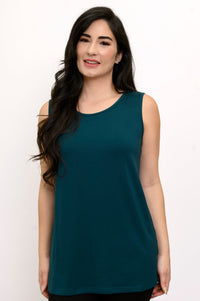 Medium studio shot of a relaxed-fit teal sleeveless top featuring a classic scoop neckline.