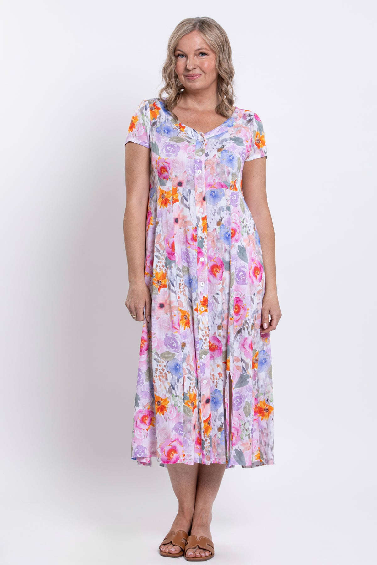 Morgan Dress, Pink Bouquet, Linen Bamboo