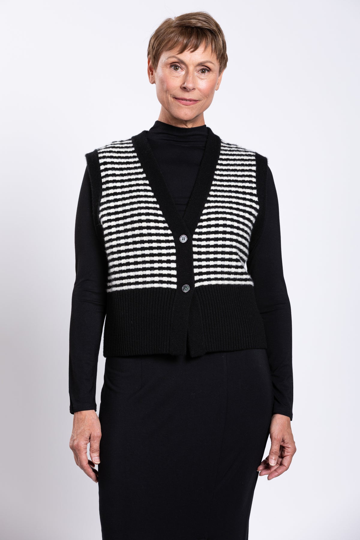 Nemo Vest, Black and White Stripe,  Wool Cashmere