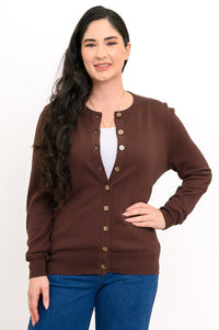 Studio portrait of a woman modeling a dark brown long sleeve button down sweater with a crew neck.