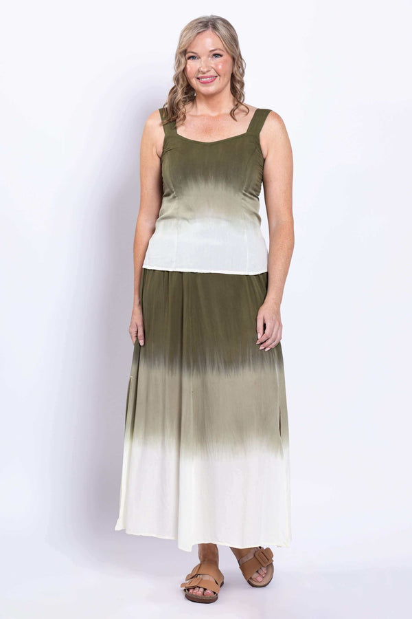 Woman modeling an olive ombre maxi skirt from the front.