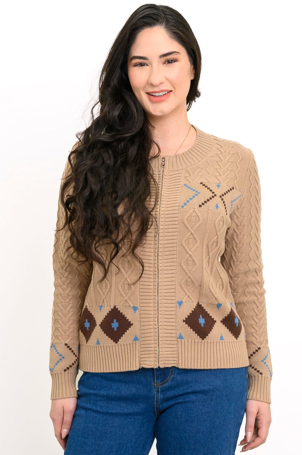 Women's long-sleeve knit cardigan in a warm cream shade with diamond-shaped knit patterns, on a white backdrop.