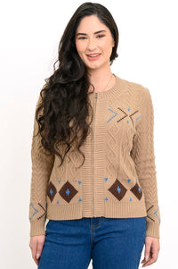Women's long-sleeve knit cardigan in a warm cream shade with diamond-shaped knit patterns, on a white backdrop.